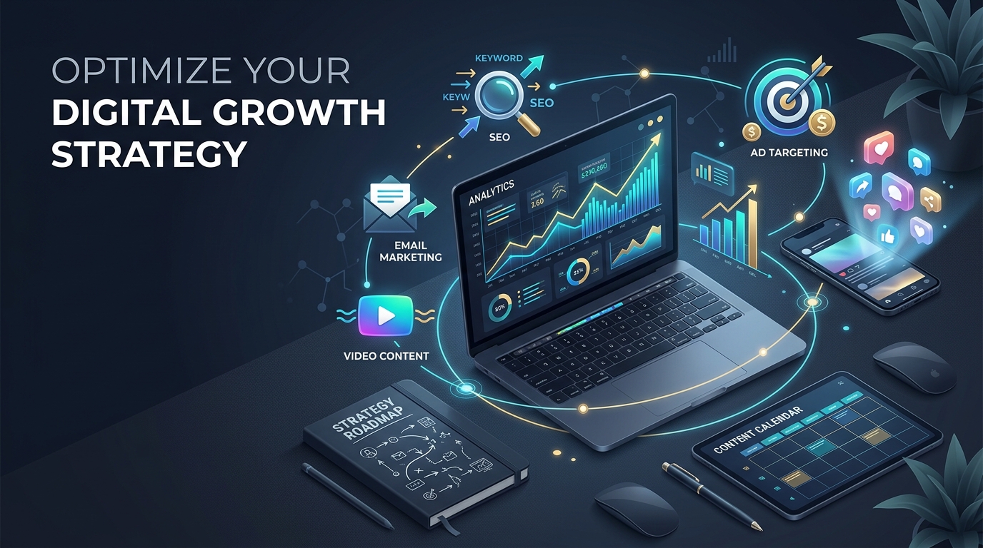 Digital marketing strategy dashboard showing analytics, social media, and channel icons connected in a 2026 marketing framework illustration